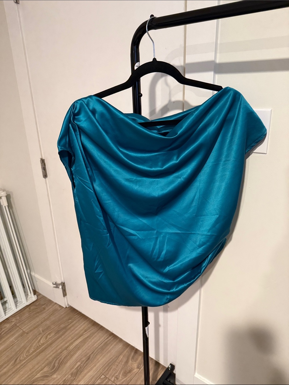 Draped Satin Boatneck Blouse - Teal
